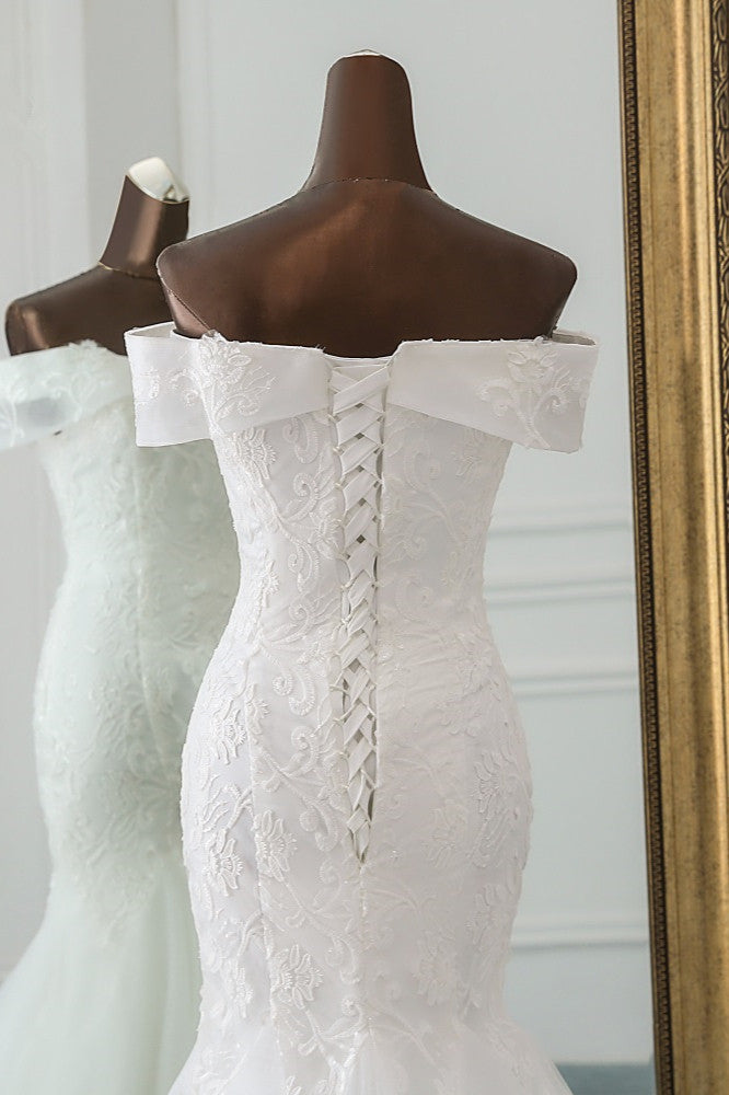 Long Mermaid Tulle Lace Off the Shoulder Lace-up Wedding Dress