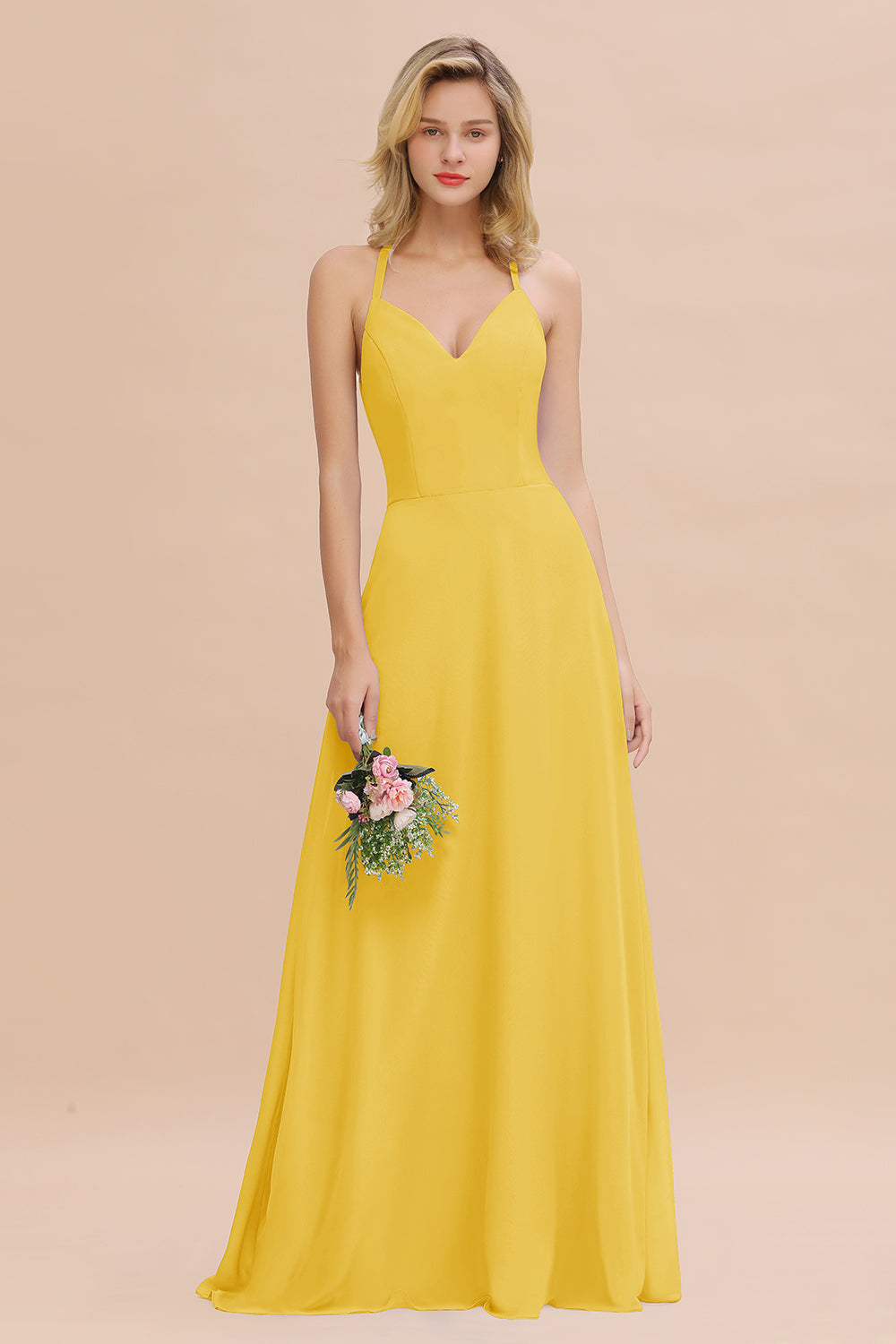 Stylish Chiffon Spaghetti Straps Sleeveless Long Bridesmaid Dress