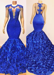 Sexy Royal Blue Long Appliques Sleeveless Flowers Mermaid Prom Dresses