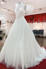 Long A-line V-neck Spaghetti Straps Ruffles Backless Wedding Dress with Lace