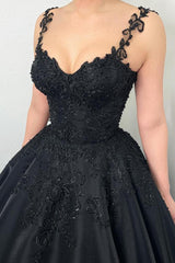 Elegant Long Black A-line Sweetheart Satin Appliques Wedding Dress with Train