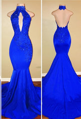 Mermaid Floor Length Halter Keyhole Neckline Satin Long Prom Dresses