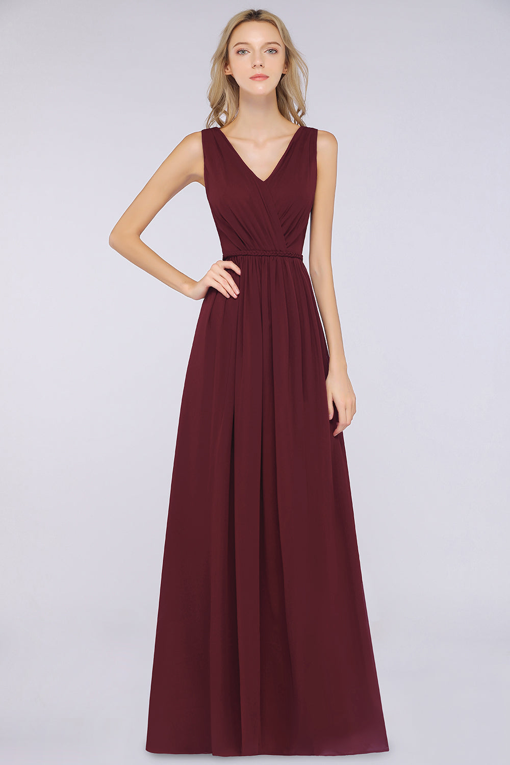 Classy Long Wide Straps V-neck A-Line Chiffon Ruffles Bridesmaid Dress With Side Slit
