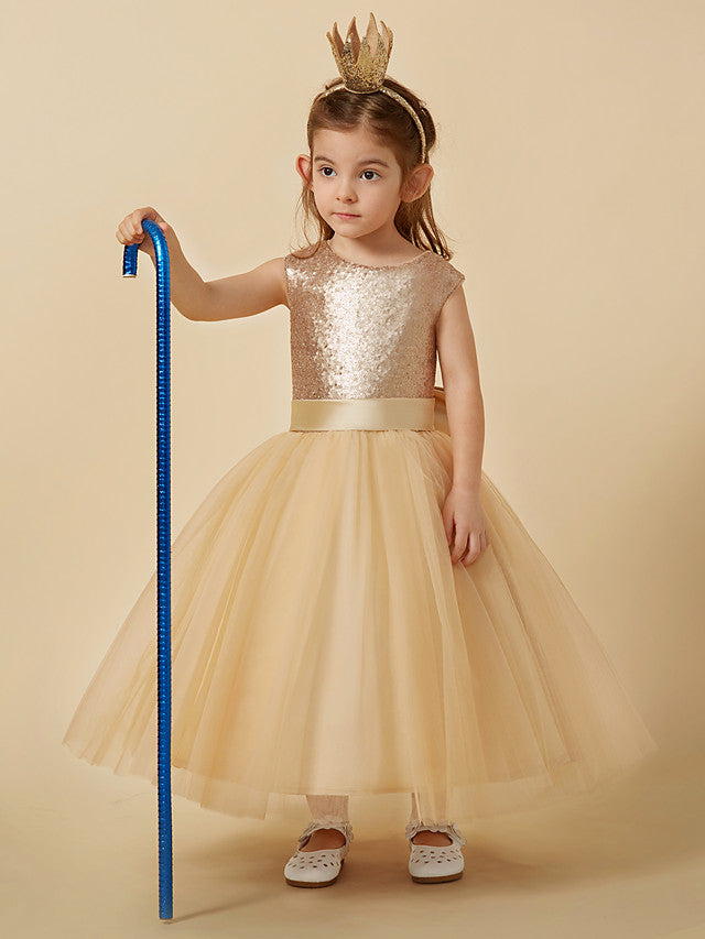 Ball Gown Ankle Length Tulle Sequined Sleeveless Jewel Neck Flower Girl Dresses