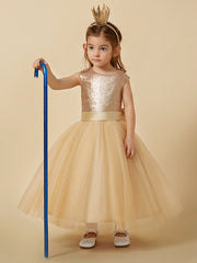 Ball Gown Ankle Length Tulle Sequined Sleeveless Jewel Neck Flower Girl Dresses