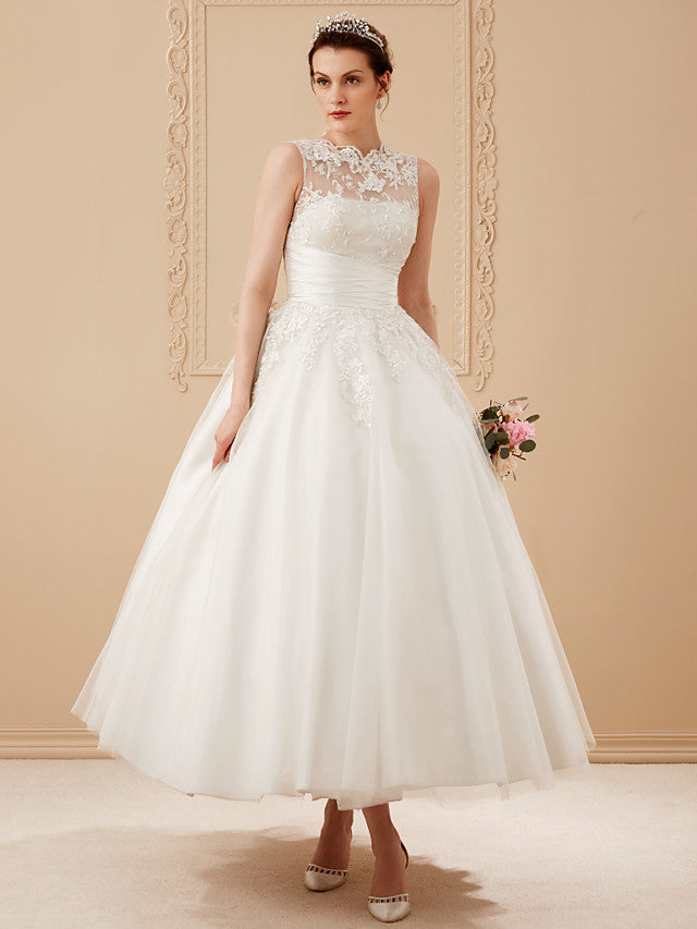 Short A-Line Satin Lace Ankle Length Vintage Wedding Dresses