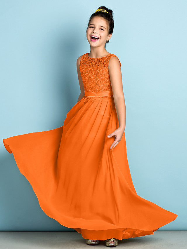 Long A-Line Scoop Neck Floor Length Chiffon Lace Junior Bridesmaid Dress