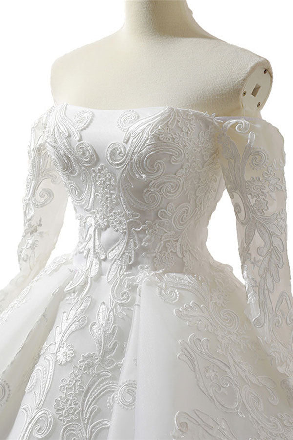 Luxury Lace-up Off The Shoulder Long Sleeves Tulle Wedding Dress