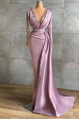 Simple V-neck Long Sleeve Appliques Lace Floor Length Ruffles Mermaid Prom Dress