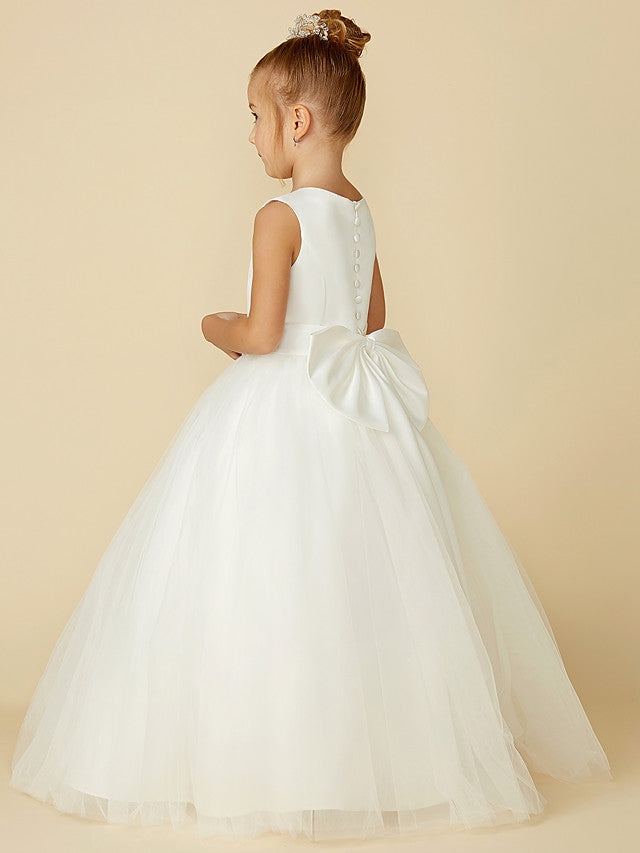 Long A-line Tulle Sleeveless Jewel Neck Satin First Communion Flower Girl Dresses