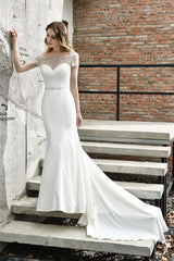 Long Mermaid Satin Belt Lace White Dresses with Short Sleeves