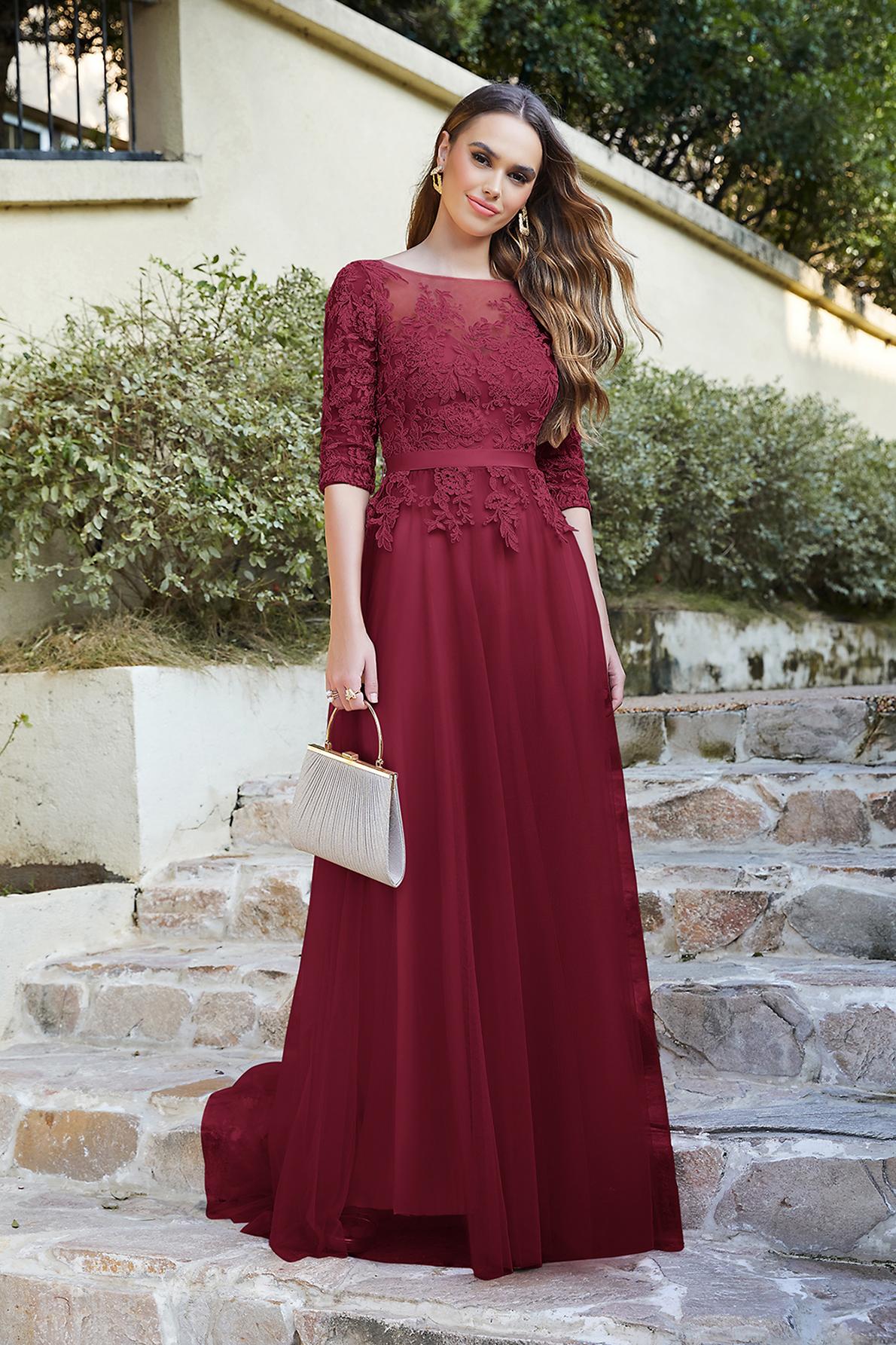 Long A-line Crew Neck Tulle Lace Appliques Evening Dresses with Half Sleeves