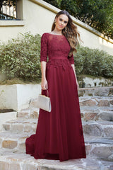 Long A-line Crew Neck Tulle Lace Appliques Evening Dresses with Half Sleeves