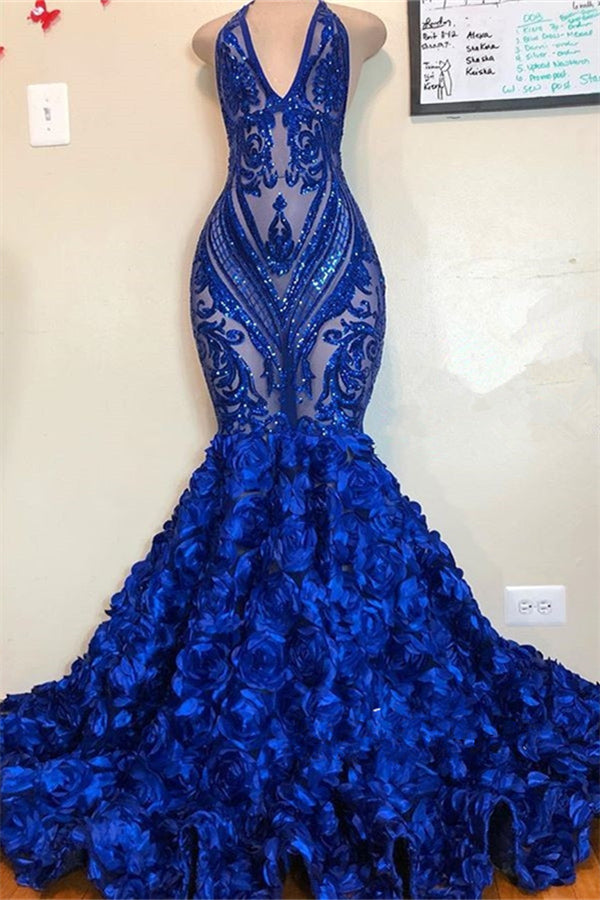 Long V-neck Halter Mermaid Sweep Train Prom Dresses