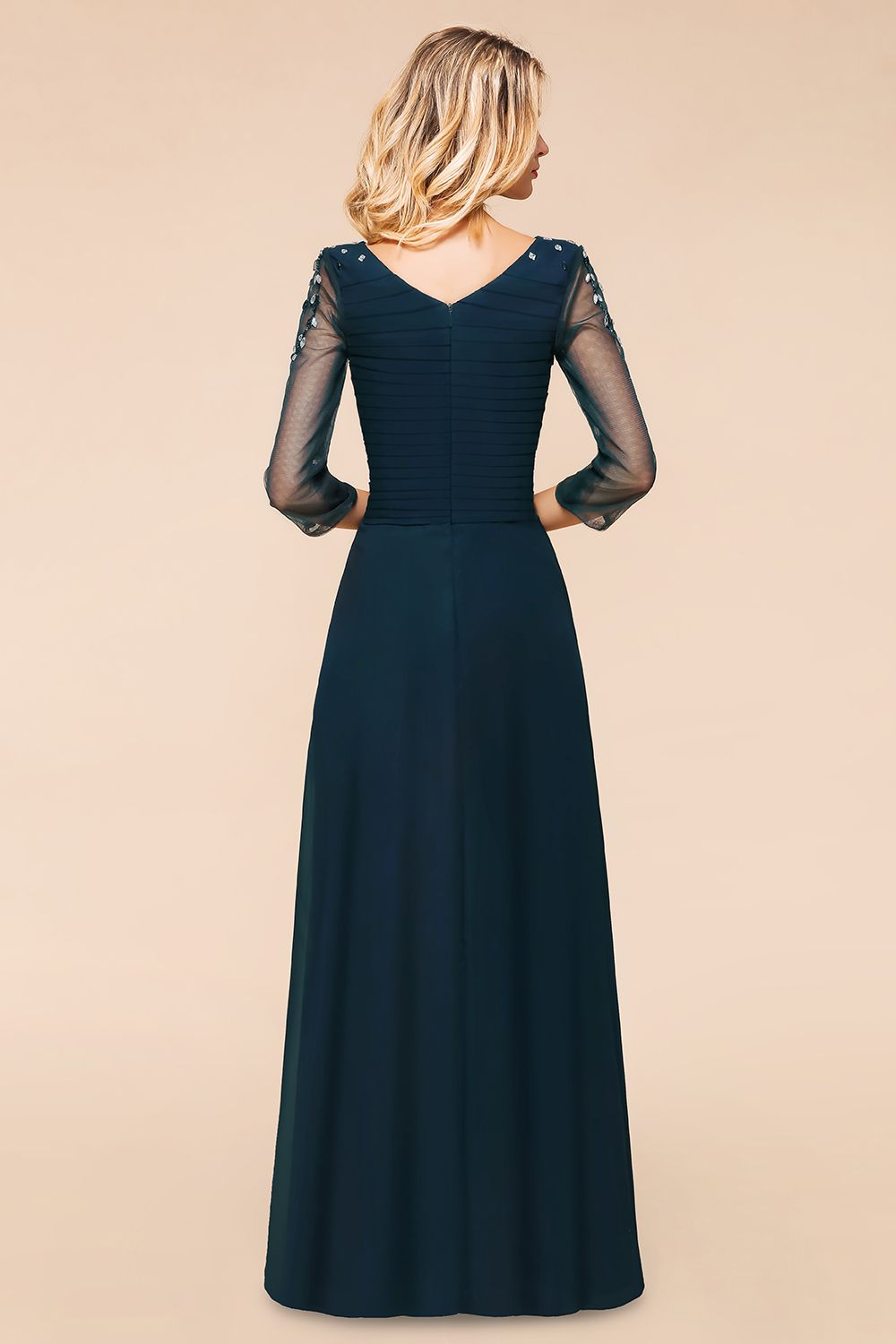Vintage Long Sleeve Bateau A-line Chiffon Bridesmaid Dress With Crystal Embellishment