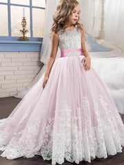 Long A-line Tulle Lace Sleeveless Jewel Neck Pageant Flower Girl Dresses