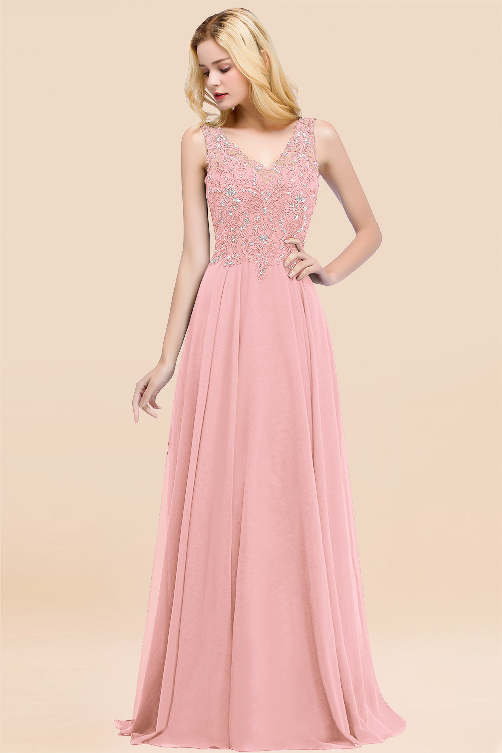 Dusty Rose Lace V-Neck Long Bridesmaid Dresses With Appliques