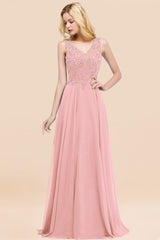 Dusty Rose Lace V-Neck Long Bridesmaid Dresses With Appliques