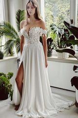 Long Off The Shoulder Open Back A Line Chiffon Wedding Dress