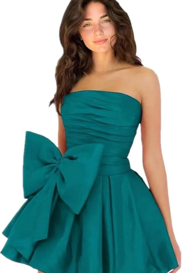 Simple Short A-line Strapless Sleeveless Ruffle Satin Homecoming Dress