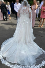 Plus Size Long A-line Sweetheart Tulle Wedding Dresses with Applique Lace