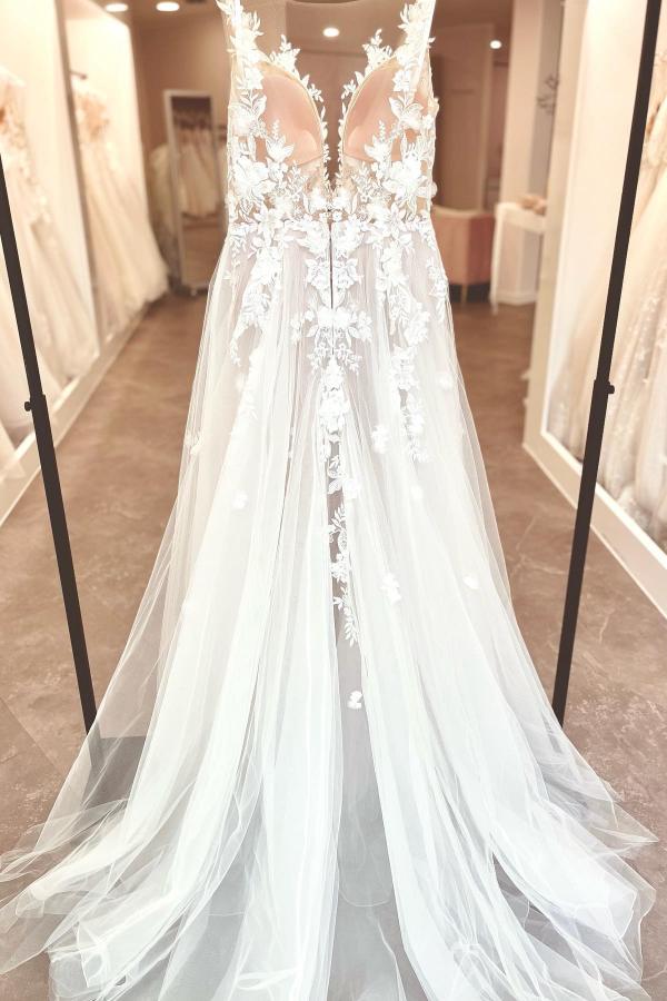 Sexy A-Line Deep V-Neck Lace Tulle Long Front Split Wedding Dress with Appliques