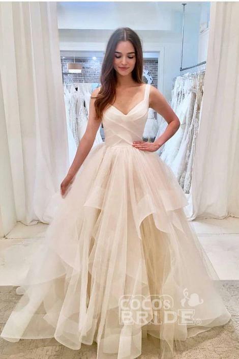 Unique Ball Gown Sweetheart Straps Long Tulle Ruffles Wedding Dress