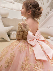 Long Ball Gown Floor Length Tulle Lace Jewel Neck Party Girl Dresses with Sleeves