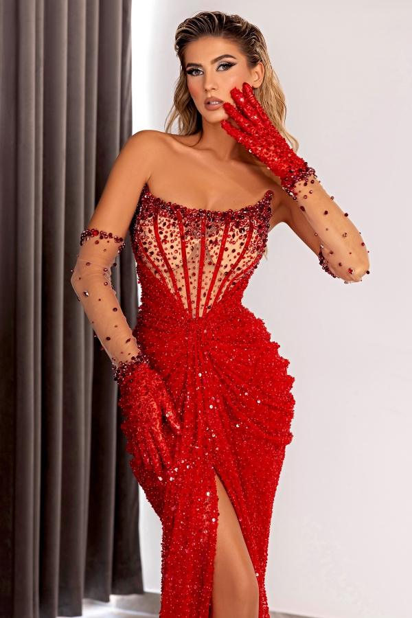 Red Long Mermaid Sequin Split Front Strapless Prom Dress with Gloves