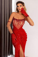 Red Long Mermaid Sequin Split Front Strapless Prom Dress with Gloves
