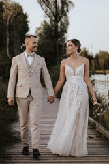 A-line Spaghetti Straps Backless Long Tulle Appliques Lace Wedding Dress