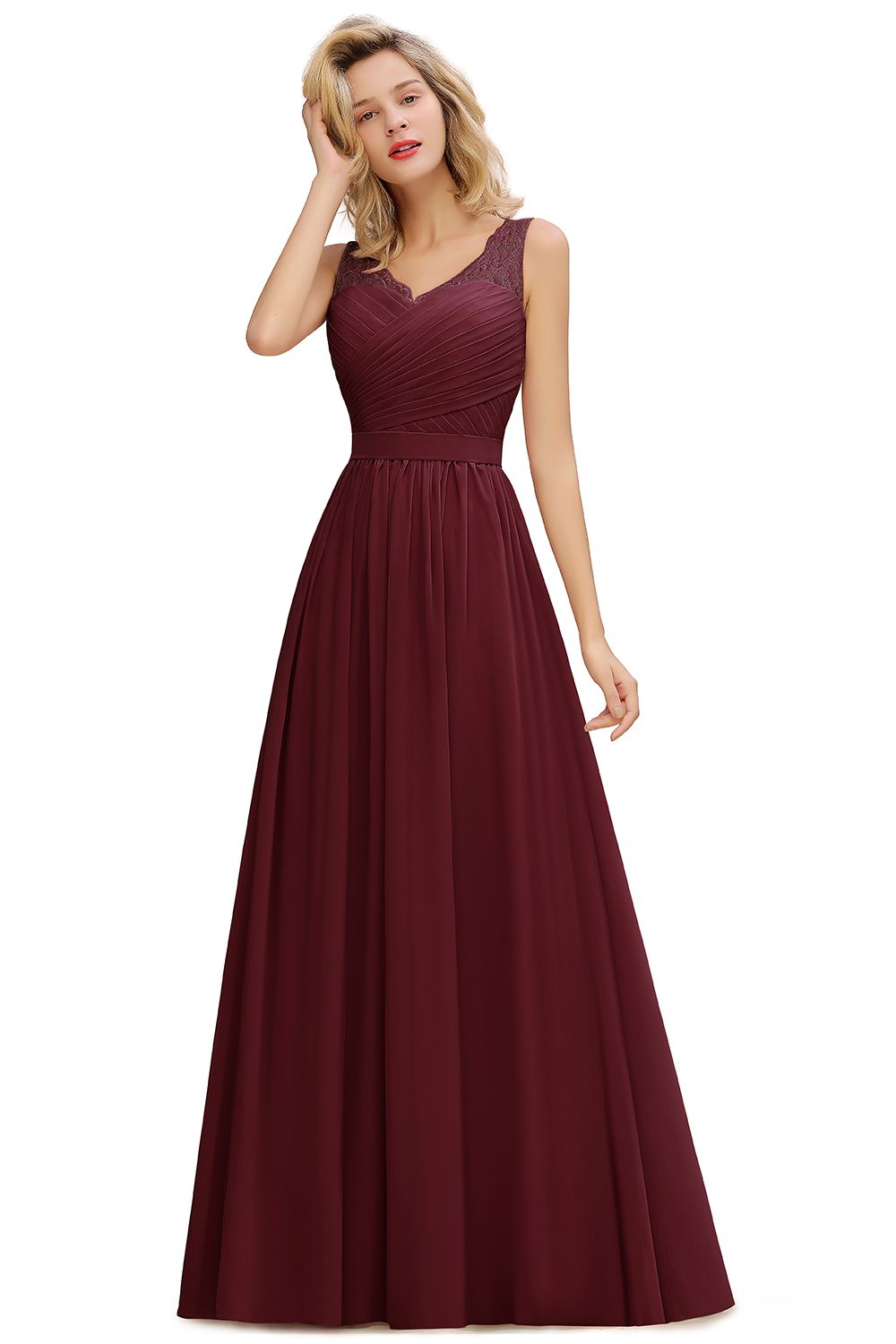 Long A Line Chiffon Sleeveless Lace Bridesmaid Dress with Ruffle