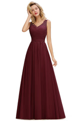 Long A Line Chiffon Sleeveless Lace Bridesmaid Dress with Ruffle
