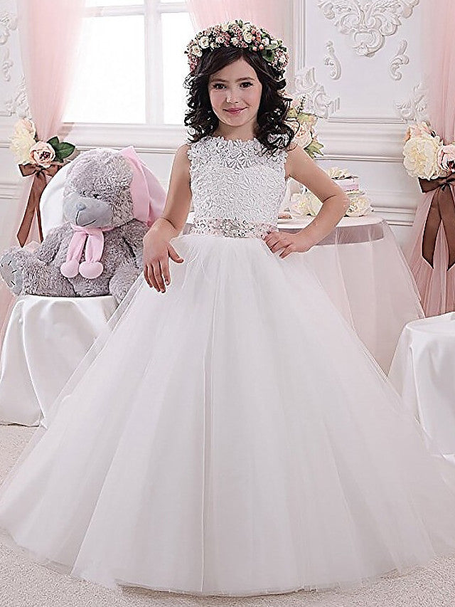 White Long Ball Gown Jewel Neck Tulle Lace Flower Girl Dresses