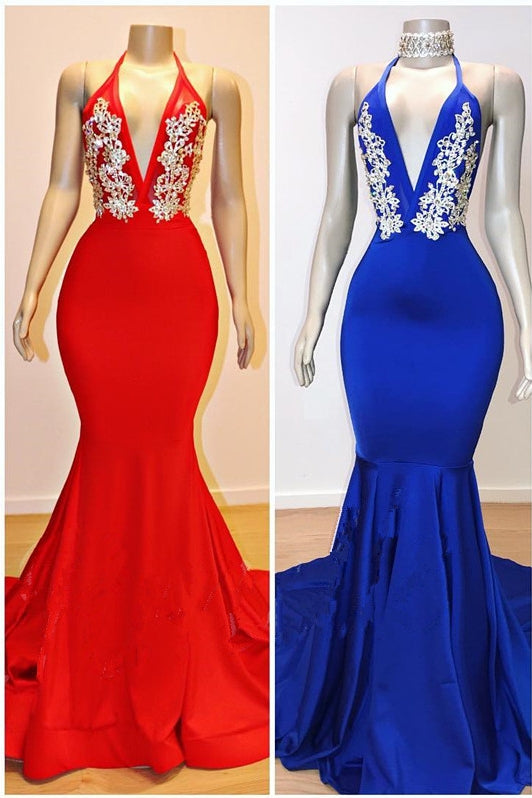 Halter V-neck Mermaid Long Prom Dresses