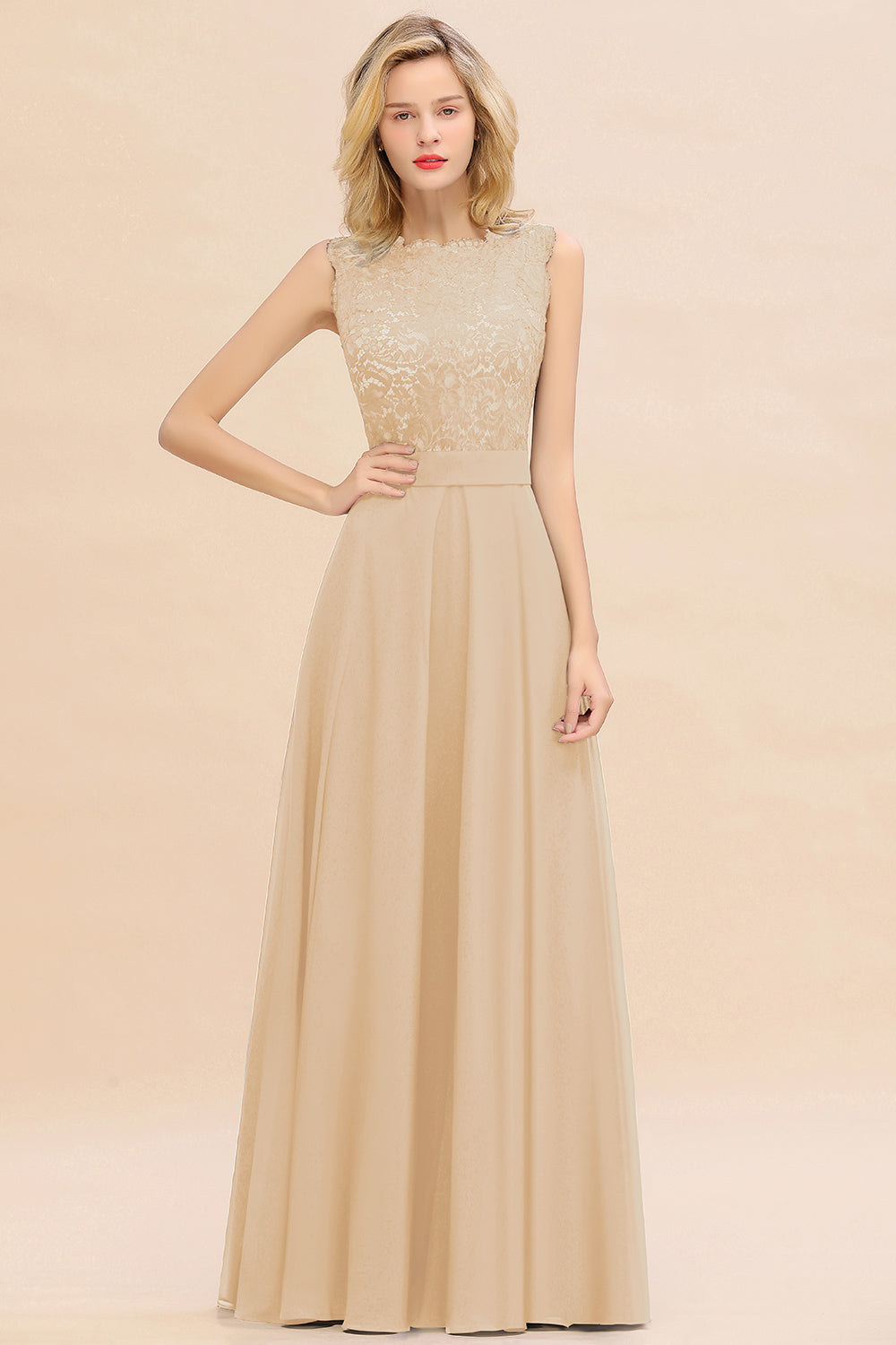Long A-line Chiffon Lace Sleeveless Bridesmaid Dresses