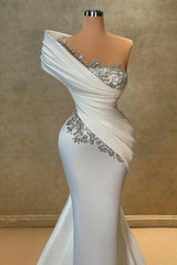 Long Mermaid Floor Length One Shoulder Satin Prom Dress with Beads