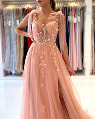 Long A-line Spaghetti Straps Tulle Prom Dress with Slit
