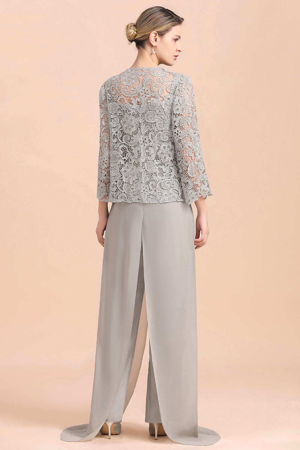 Chic Silver Lace Chiffon Long Sleeves Mother of Bride Jumpsuit With Wrap