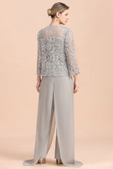 Chic Silver Lace Chiffon Long Sleeves Mother of Bride Jumpsuit With Wrap