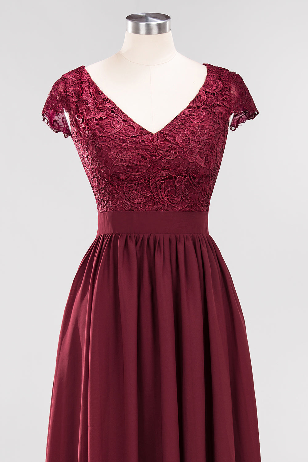 A-line Chiffon Lace V-Neck Sleeveless Floor Length Bridesmaid Dresses with Ruffles