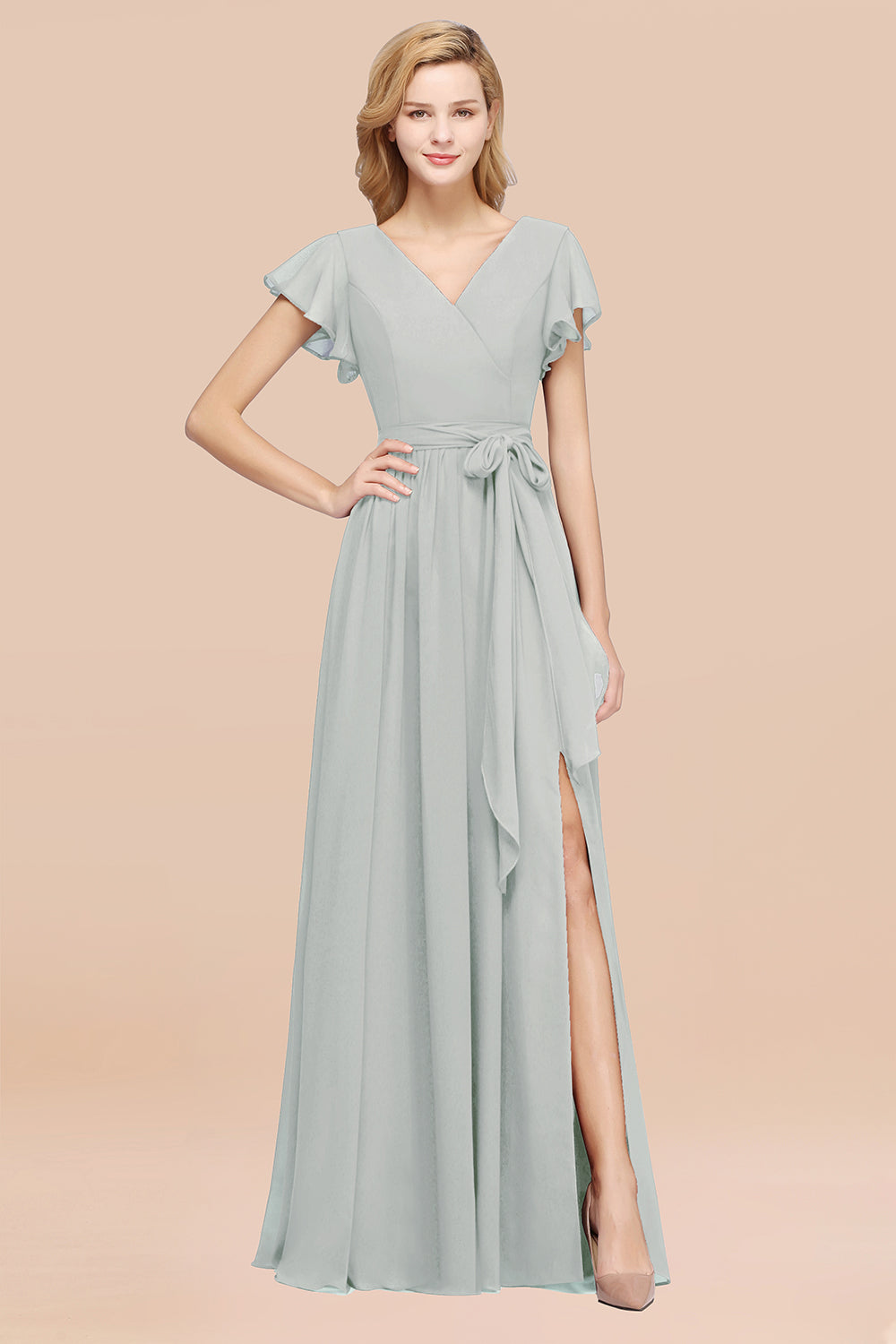 A-line Chiffon V-Neck Short Sleeves Floor Length Bridesmaid Dresses with Bow Sash