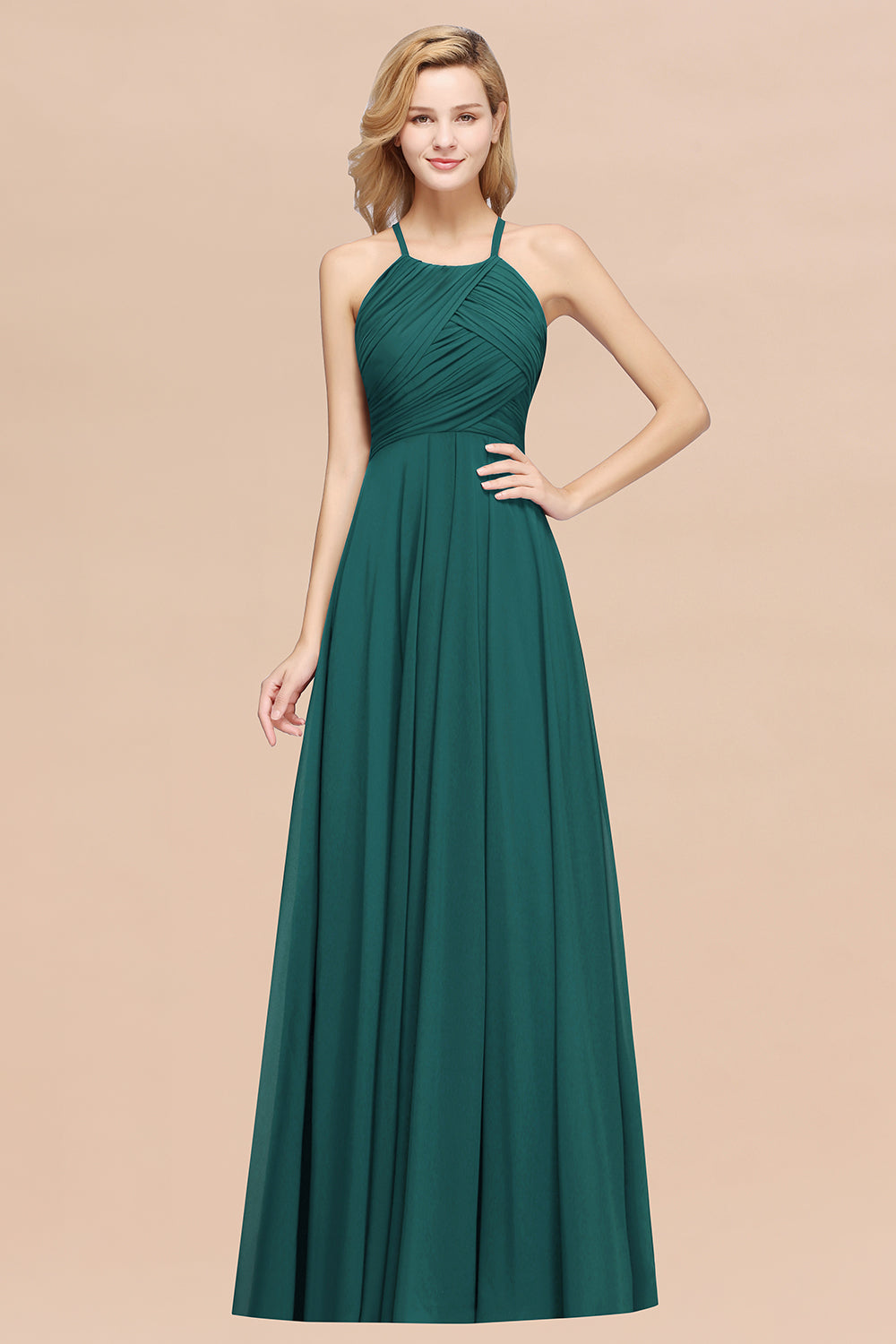 A-Line Chiffon Halter Ruffles Floor Length Bridesmaid Dress