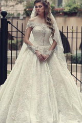 Elegant A-Line Off the Shoulder Long Sleeve Backless Appliques Lace Floor Length Wedding Dress