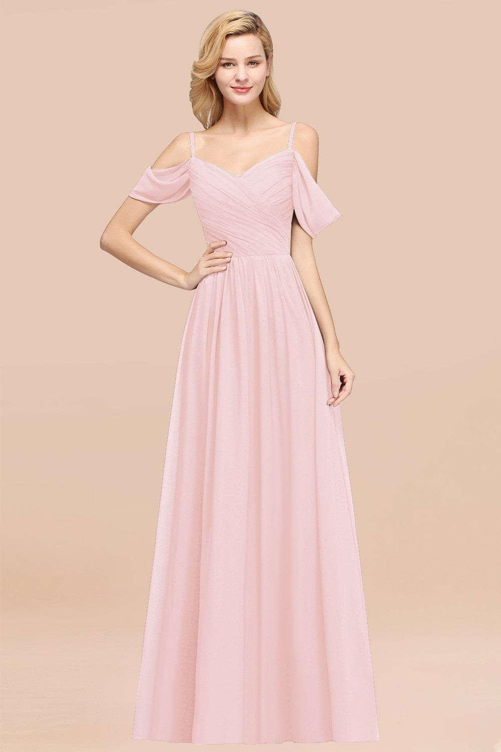 A-Line Chiffon V-Neck Spaghetti Straps Short Sleeves Floor Length Bridesmaid Dresses with Ruffles