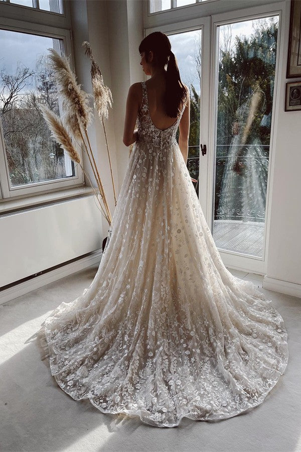 Gorgeous Long A-line V-neck Tulle Lace Backless Wedding Dresses