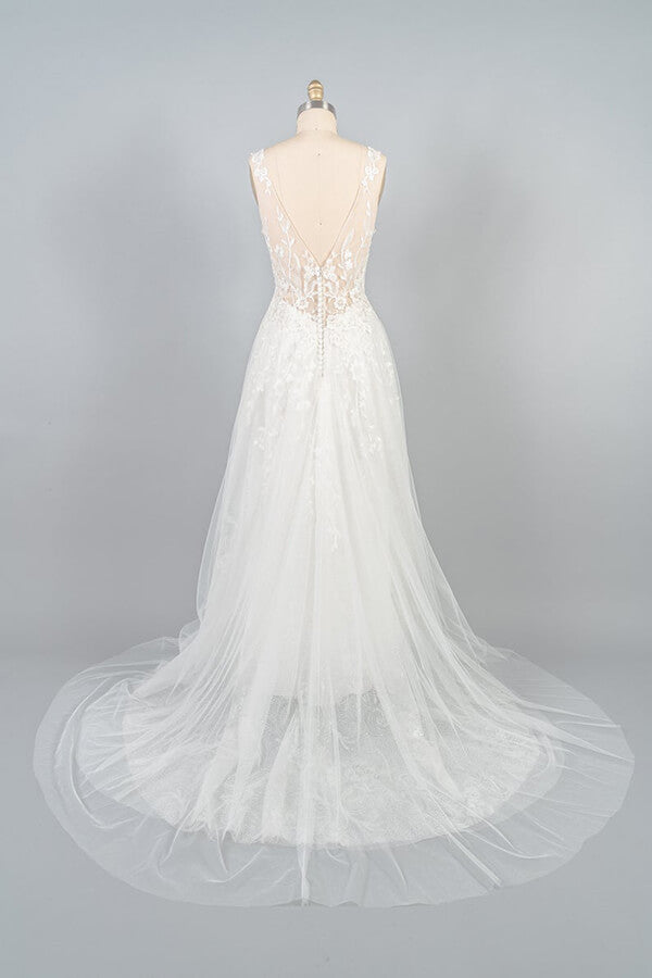 Long V-neck Appliques Tulle A-line Open Back Wedding Dress