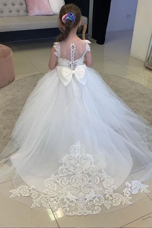 Cute Long Tulle Ball Gown Boho Flower Girls Dresses with Bow