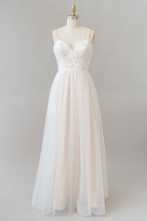 Long Sweetheart Appliques Lace Tulle A-line Wedding Dress