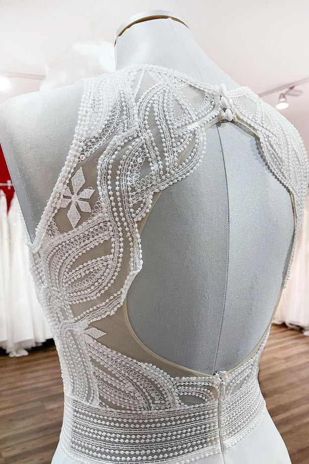 Modest Long A-line Chiffon Jewel Ruffles Appliques Open Back Wedding Dress